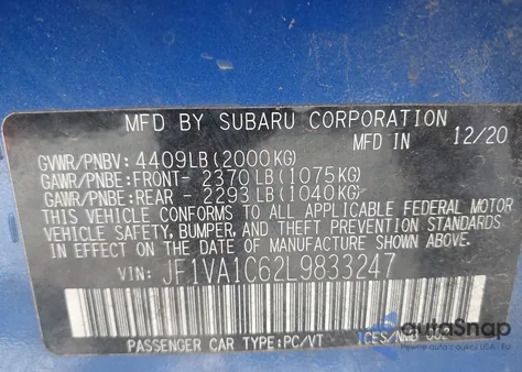 2020 Subaru Wrx Premium из США, поврежденный, VIN JF1VA1C62L9833247